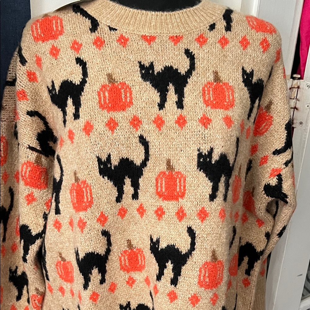 Vince Camuto Tan Sweater with Black Cats and Orange Pumpkins